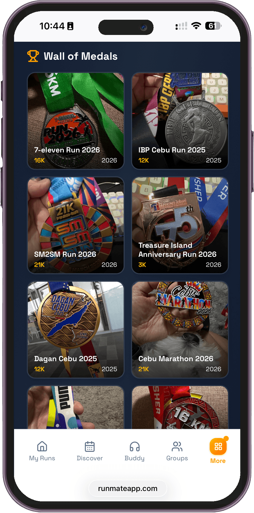 RunMate medal wall โ your race history displayed like trophies